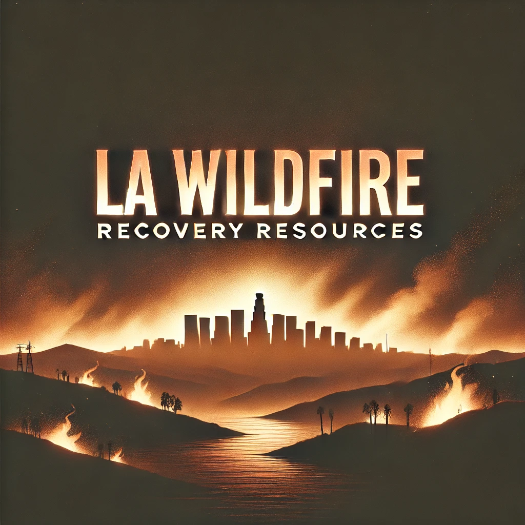 Cover art for a blog post on 'LA Wildfire Recovery Resources' featuring a stylized Los Angeles skyline with wildfire smoke and flames in the background, symbolizing recovery and hope.