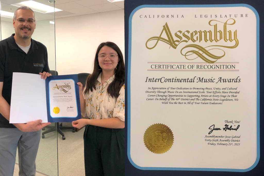 Clarissa Gomez, field representative from Assemblymember Gabriel’s office, presenting the Certificate of Recognition to Shahed Mohseni Zonoozi, founder and director of InterContinental Music Awards, at Jesse Gabriel's office besides with Close-up of the prestigious Certificate